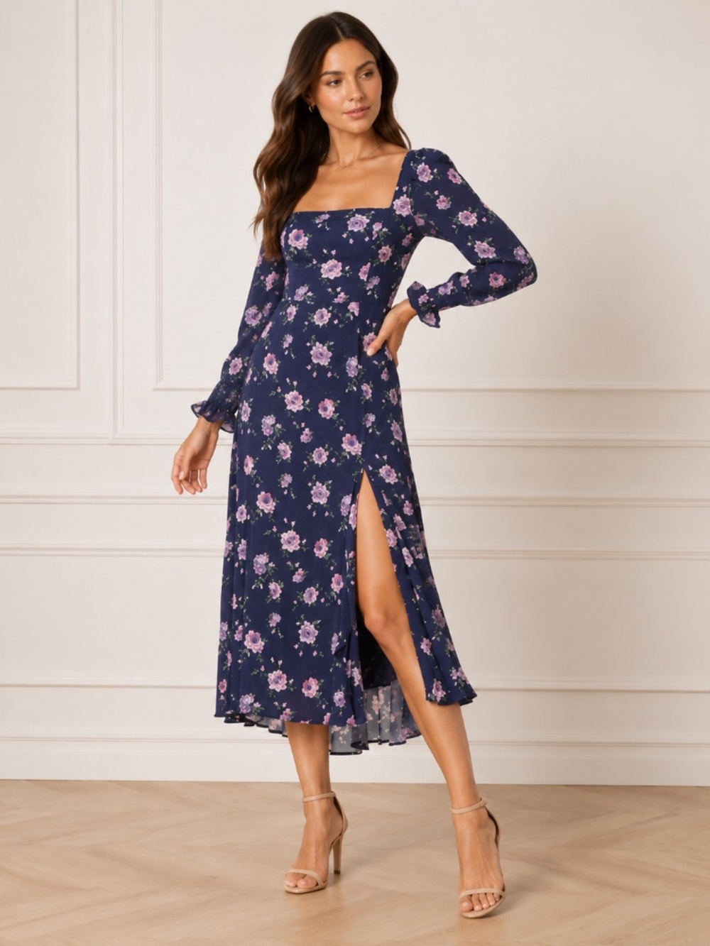 Sau Lee -  Marianne‎  Floral Puff Sleeve Midi Dress.